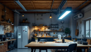 A photograph of a well-lit workshop or garage featuring 4-foot led shop lights in action