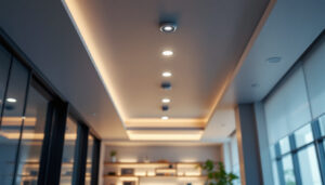 A photograph of a well-lit recessed ceiling in a modern interior space