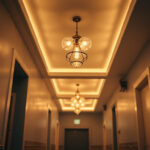 A photograph of a beautifully designed hallway illuminated by stylish ceiling lamps