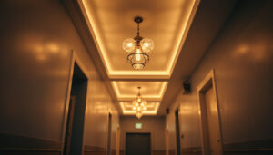 A photograph of a beautifully designed hallway illuminated by stylish ceiling lamps