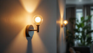 A photograph of a stylish wall sconce in a modern interior setting