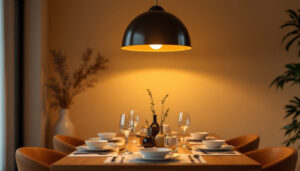 A photograph of a beautifully set dining room featuring an elegant ceiling lamp that enhances the ambiance