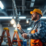 A photograph of a lighting contractor inspecting and installing fluorescent lamps in a commercial setting