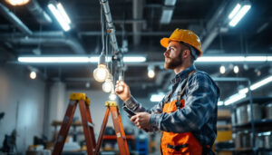 A photograph of a lighting contractor inspecting and installing fluorescent lamps in a commercial setting