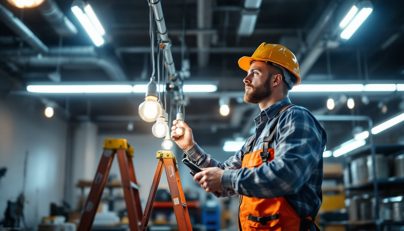 A photograph of a lighting contractor inspecting and installing fluorescent lamps in a commercial setting