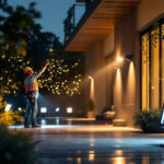 A photograph of a well-lit outdoor space showcasing various flood light fixtures in action