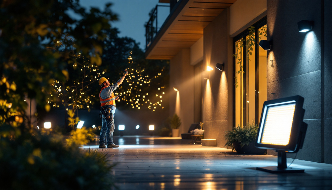A photograph of a well-lit outdoor space showcasing various flood light fixtures in action