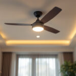A photograph of a stylish ceiling fan integrated with a modern lighting fixture in a well-designed living space