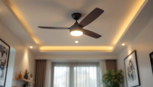 A photograph of a stylish ceiling fan integrated with a modern lighting fixture in a well-designed living space