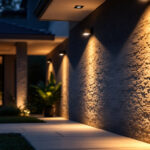 A photograph of a beautifully illuminated exterior space featuring motion detector lights in action