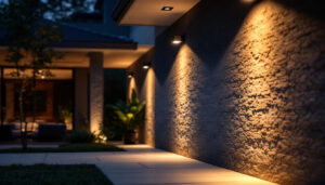 A photograph of a beautifully illuminated exterior space featuring motion detector lights in action