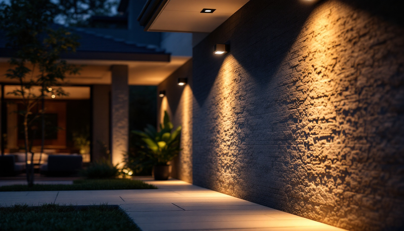 A photograph of a beautifully illuminated exterior space featuring motion detector lights in action