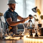 A photograph of capture a photograph of a lighting contractor expertly installing 12-volt led tape lights in a modern interior setting
