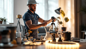 A photograph of capture a photograph of a lighting contractor expertly installing 12-volt led tape lights in a modern interior setting