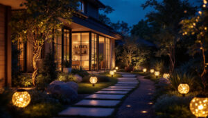 A photograph of a beautifully illuminated outdoor space featuring solar led lights in various settings