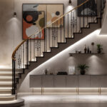 A photograph of a beautifully designed staircase illuminated by modern