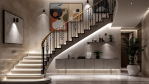 A photograph of a beautifully designed staircase illuminated by modern