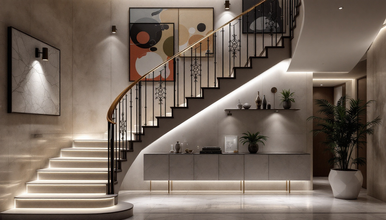 A photograph of a beautifully designed staircase illuminated by modern