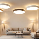 A photograph of a beautifully designed interior space featuring various flush lights