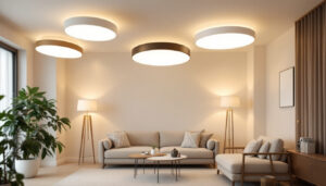 A photograph of a beautifully designed interior space featuring various flush lights