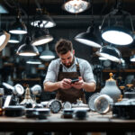 A photograph of a lighting contractor examining various used lighting fixtures in a well-lit workshop