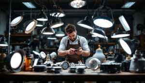 A photograph of a lighting contractor examining various used lighting fixtures in a well-lit workshop