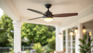 A photograph of a well-designed large outdoor ceiling fan installed in an inviting outdoor space
