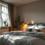 A photograph of a beautifully lit bedroom featuring recessed can lights