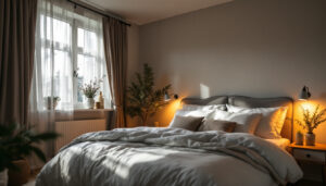 A photograph of a beautifully lit bedroom featuring recessed can lights