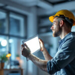 A photograph of a lighting contractor installing or inspecting a sleek led flat panel light in a modern office or commercial space