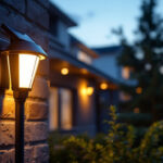 A photograph of a solar dusk-to-dawn light installed in a residential or commercial setting