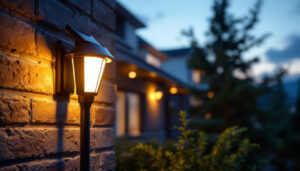 A photograph of a solar dusk-to-dawn light installed in a residential or commercial setting