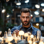 A photograph of a lighting contractor inspecting a variety of track light bulbs in a well-lit workspace