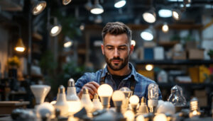 A photograph of a lighting contractor inspecting a variety of track light bulbs in a well-lit workspace