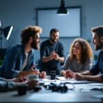 A photograph of a diverse group of team members engaged in a hands-on lighting training session
