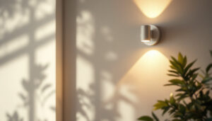 A photograph of a stylish wall mount light fixture in a well-lit room