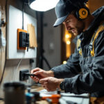 A photograph of a lighting contractor efficiently using a quad outlet in a well-lit workspace