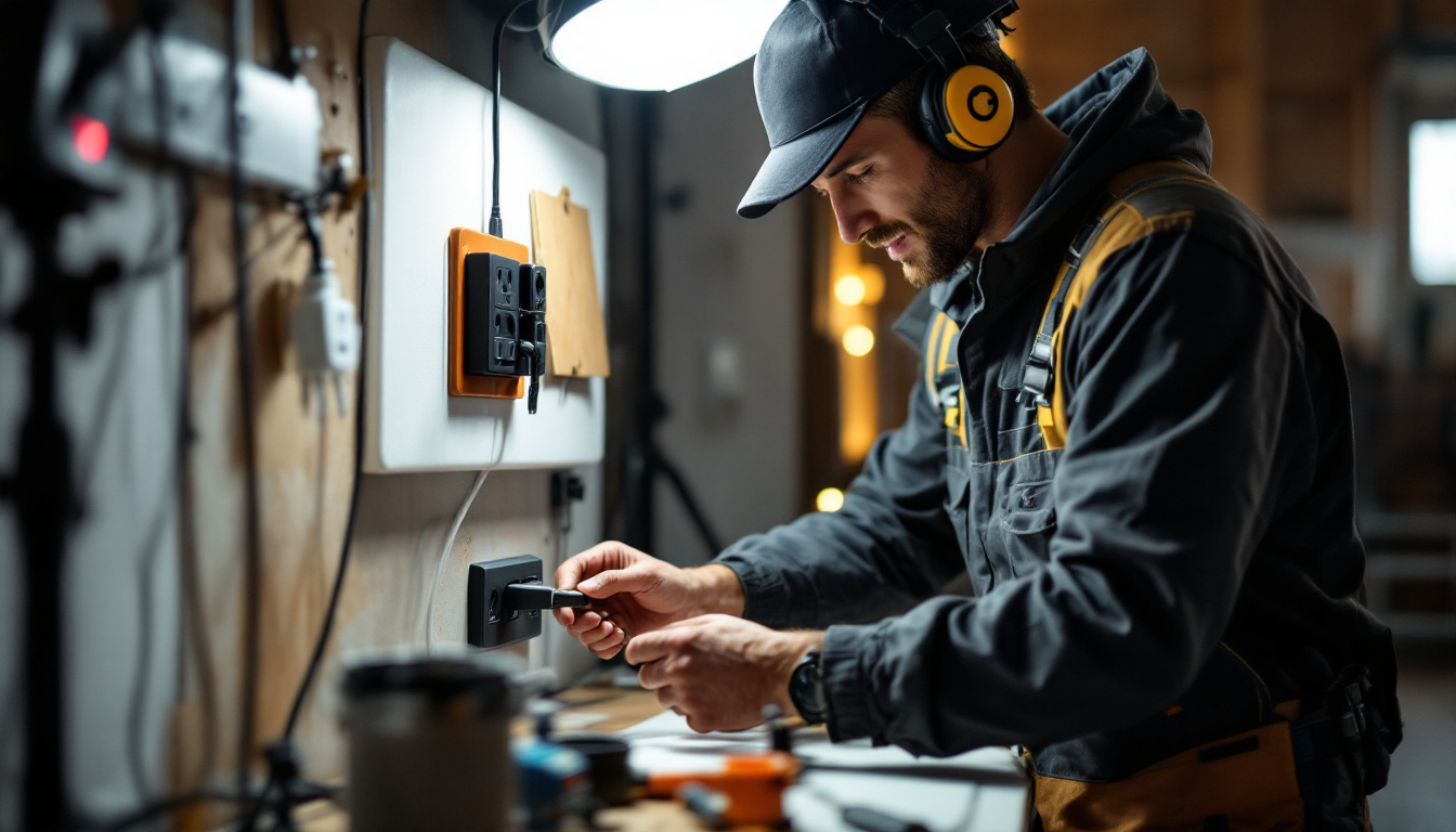 A photograph of a lighting contractor efficiently using a quad outlet in a well-lit workspace