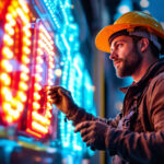 A photograph of a skilled lighting contractor expertly installing a vibrant led business sign in an urban setting
