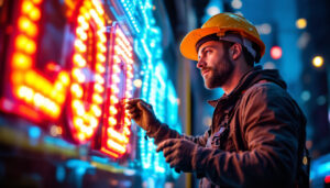 A photograph of a skilled lighting contractor expertly installing a vibrant led business sign in an urban setting
