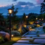 A photograph of a beautifully landscaped garden at dusk
