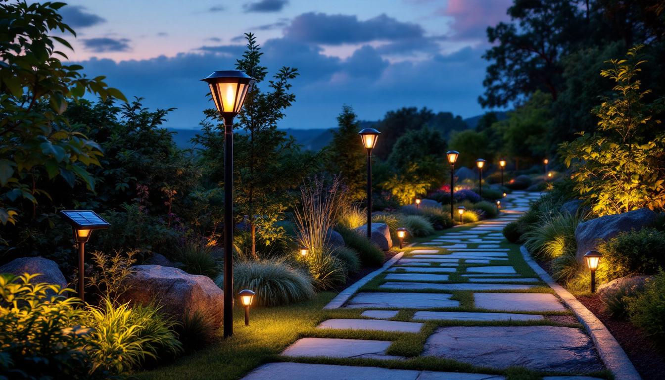 A photograph of a beautifully landscaped garden at dusk
