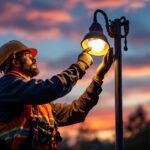 A photograph of a lighting contractor expertly installing or adjusting high pressure sodium lights in an outdoor setting