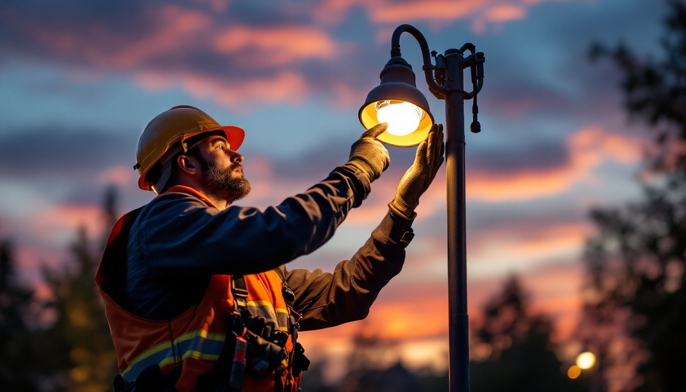 A photograph of a lighting contractor expertly installing or adjusting high pressure sodium lights in an outdoor setting
