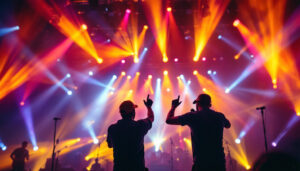 A photograph of a vibrant concert scene showcasing various popular light fixtures in action