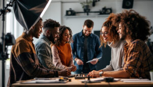 A photograph of a team of diverse individuals engaged in a hands-on training session