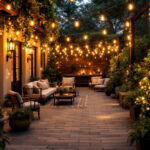 A photograph of a beautifully illuminated patio featuring a variety of string lights draped elegantly across the space