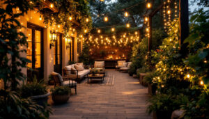 A photograph of a beautifully illuminated patio featuring a variety of string lights draped elegantly across the space
