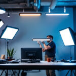 A photograph of a well-lit workspace featuring a variety of fluro led lights in use