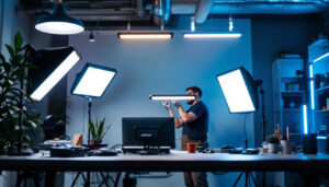 A photograph of a well-lit workspace featuring a variety of fluro led lights in use